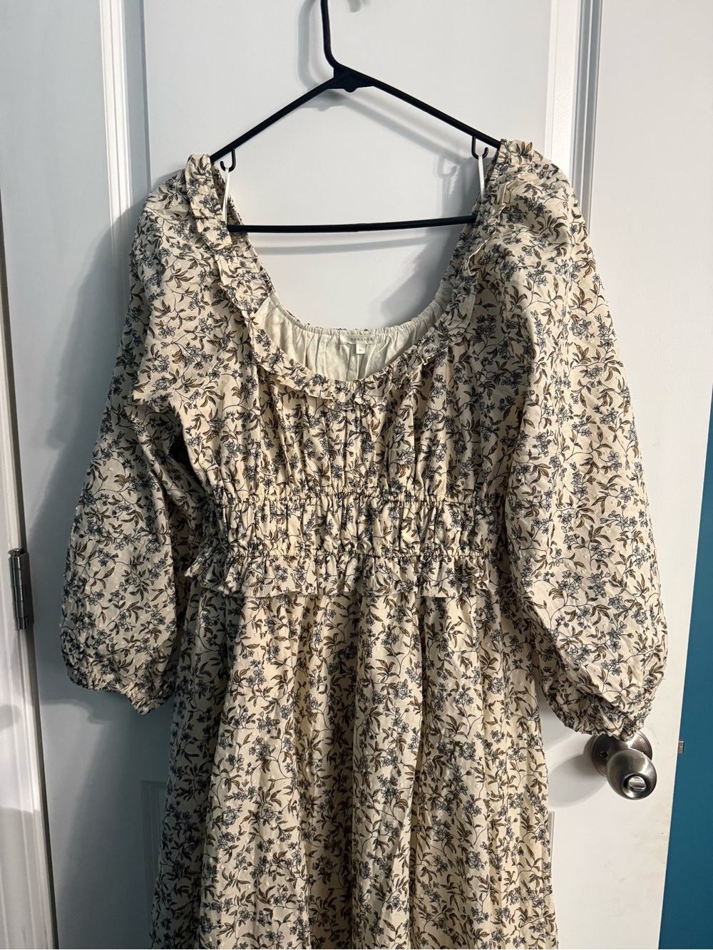 Smocked Floral Maxi Dress in Cream with Blue Print - Picture 2 of 4